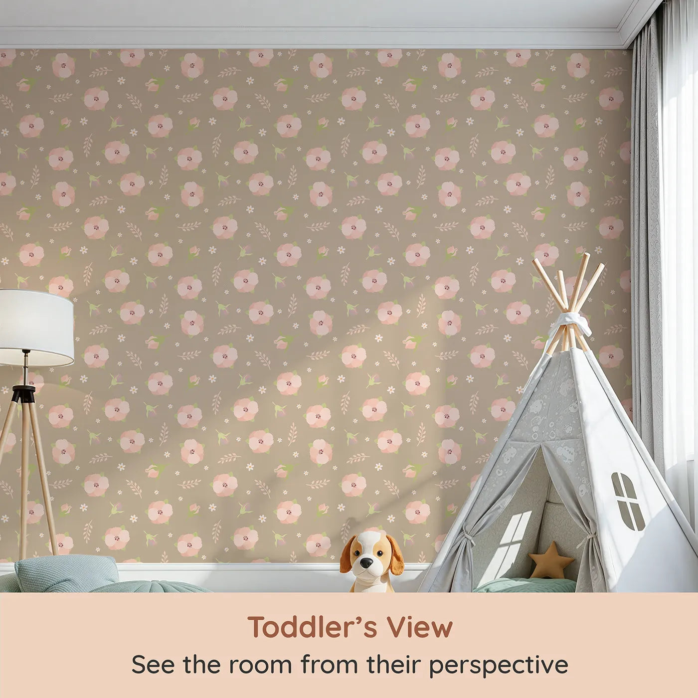 Whimsy Tots Blush Meadow Bloom Wallpaper in Soft Taupe Beige (W3134B) from your child's view.Blush flowers and soft taupe earth create a serene floral retreat.