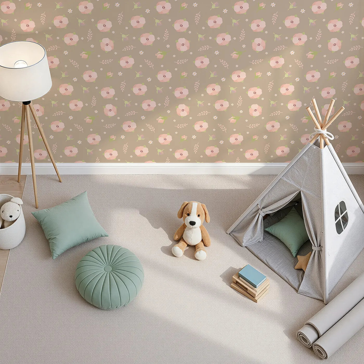 Top-Down view of Whimsy Tots' Blush Meadow Bloom Wallpaper in Soft Taupe Beige (W3134B).Blush flowers and soft taupe earth create a serene floral retreat.