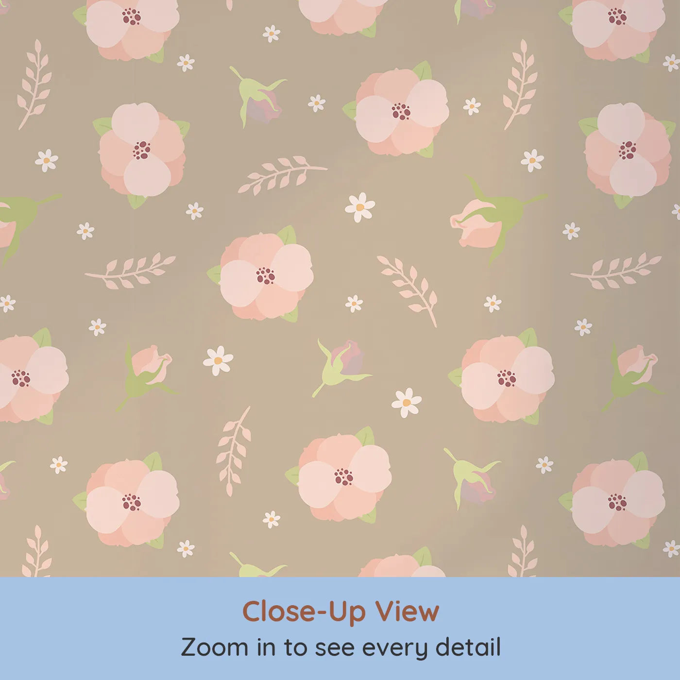 Close-up view of Whimsy Tots' Blush Meadow Bloom Wallpaper in Soft Taupe Beige (W3134B).Blush flowers and soft taupe earth create a serene floral retreat.