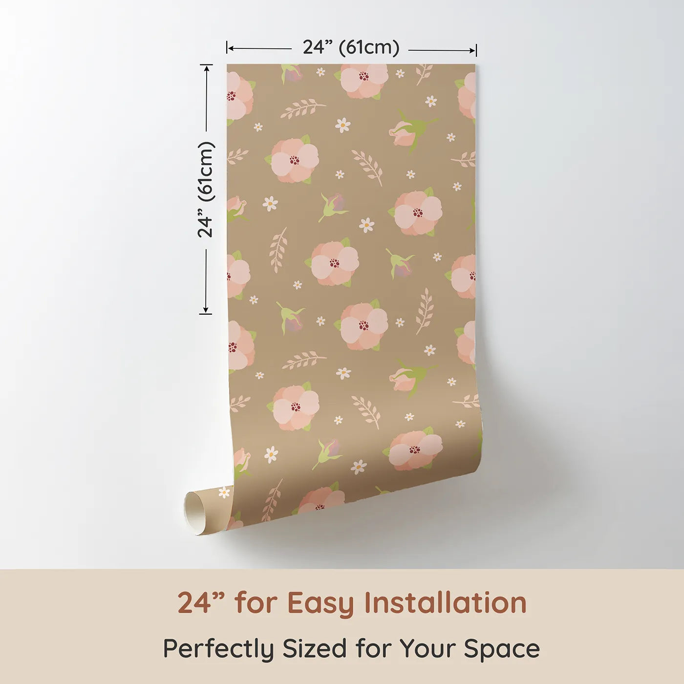 Dimension view of Whimsy Tots Blush Meadow Bloom Wallpaper in Soft Taupe Beige (W3134B). Printed in 24-inch-wide panel for easy installation. Blush flowers and soft taupe earth create a serene floral retreat.