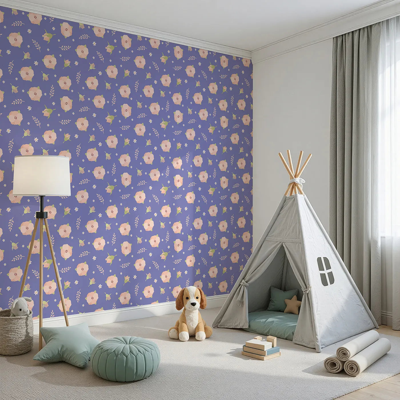 Angled view of Whimsy Tots' Blush Meadow Bloom Wallpaper in Lavender Bloom (W3134C).Blush florals bloom against soft lavender skies.