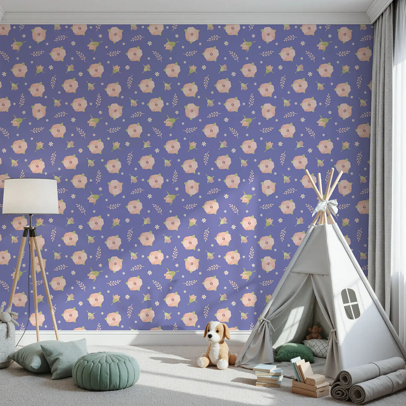 Front view of Whimsy Tots' Blush Meadow Bloom Wallpaper in Lavender Bloom