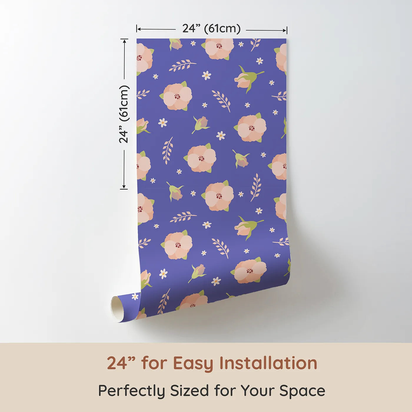 Dimension view of Whimsy Tots Blush Meadow Bloom Wallpaper in Lavender Bloom (W3134C). Printed in 24-inch-wide panel for easy installation. Blush florals bloom against soft lavender skies.