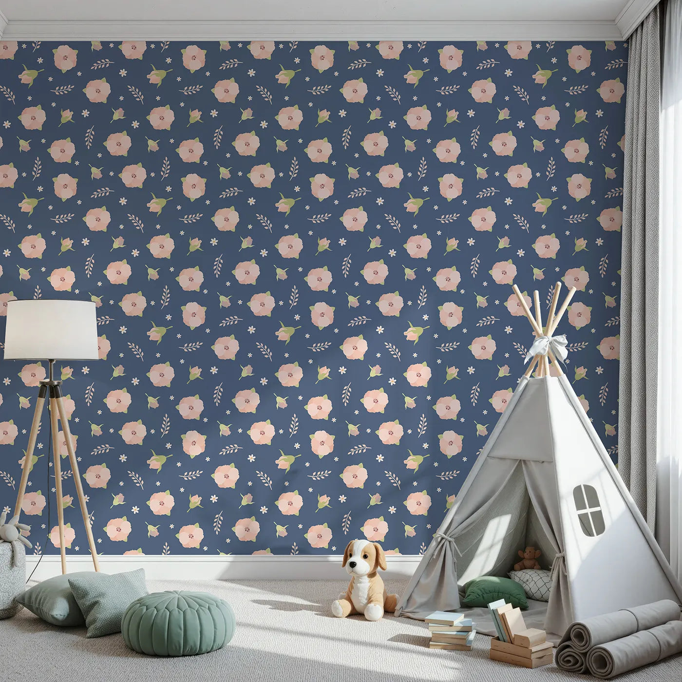 Front view of Whimsy Tots' Blush Meadow Bloom Wallpaper in Midnight Blue
