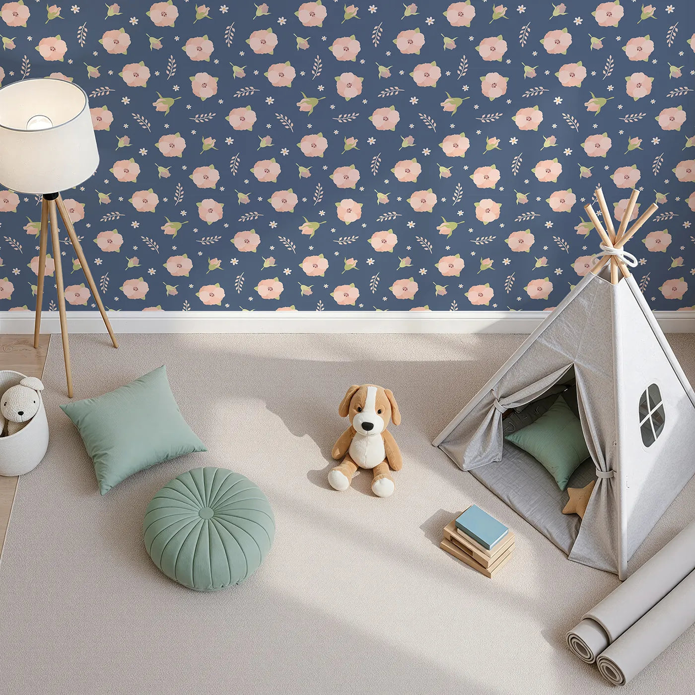 Top-Down view of Whimsy Tots' Blush Meadow Bloom Wallpaper in Midnight Blue (W3134D).Peachy blooms and daisies glow against a deep starry blue.