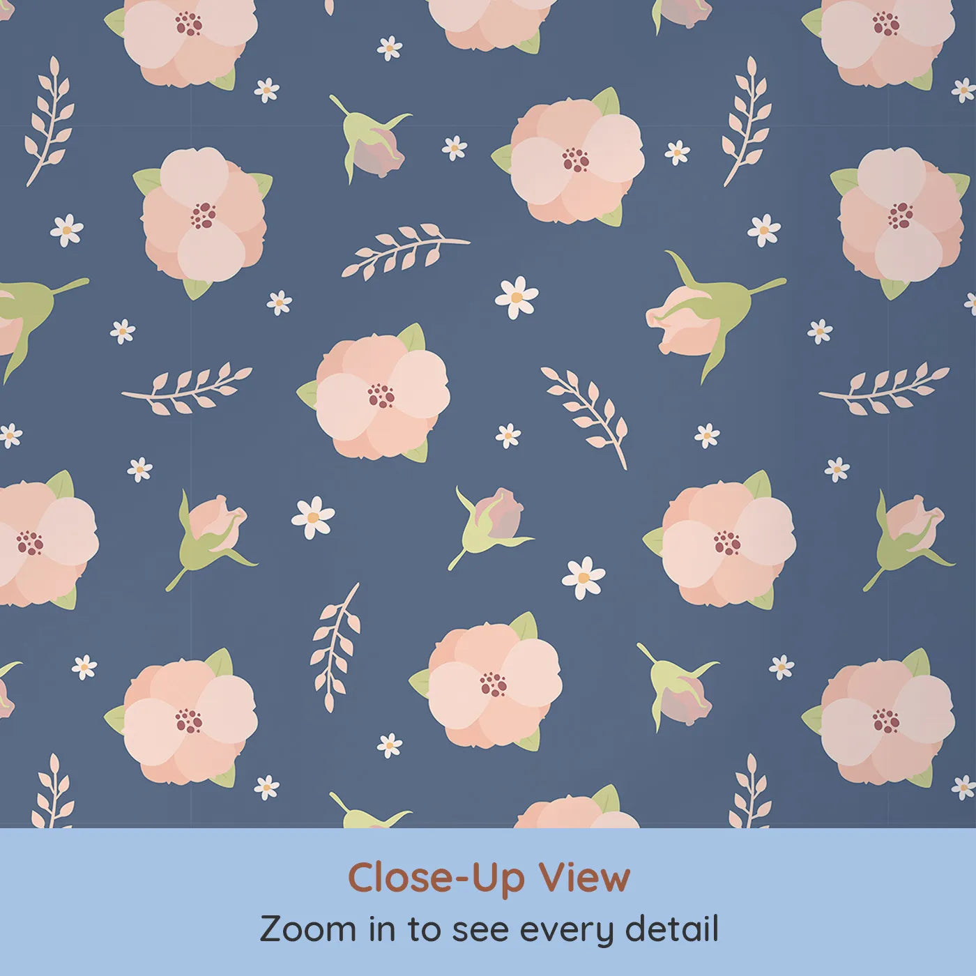Close-up view of Whimsy Tots' Blush Meadow Bloom Wallpaper in Midnight Blue (W3134D).Peachy blooms and daisies glow against a deep starry blue.