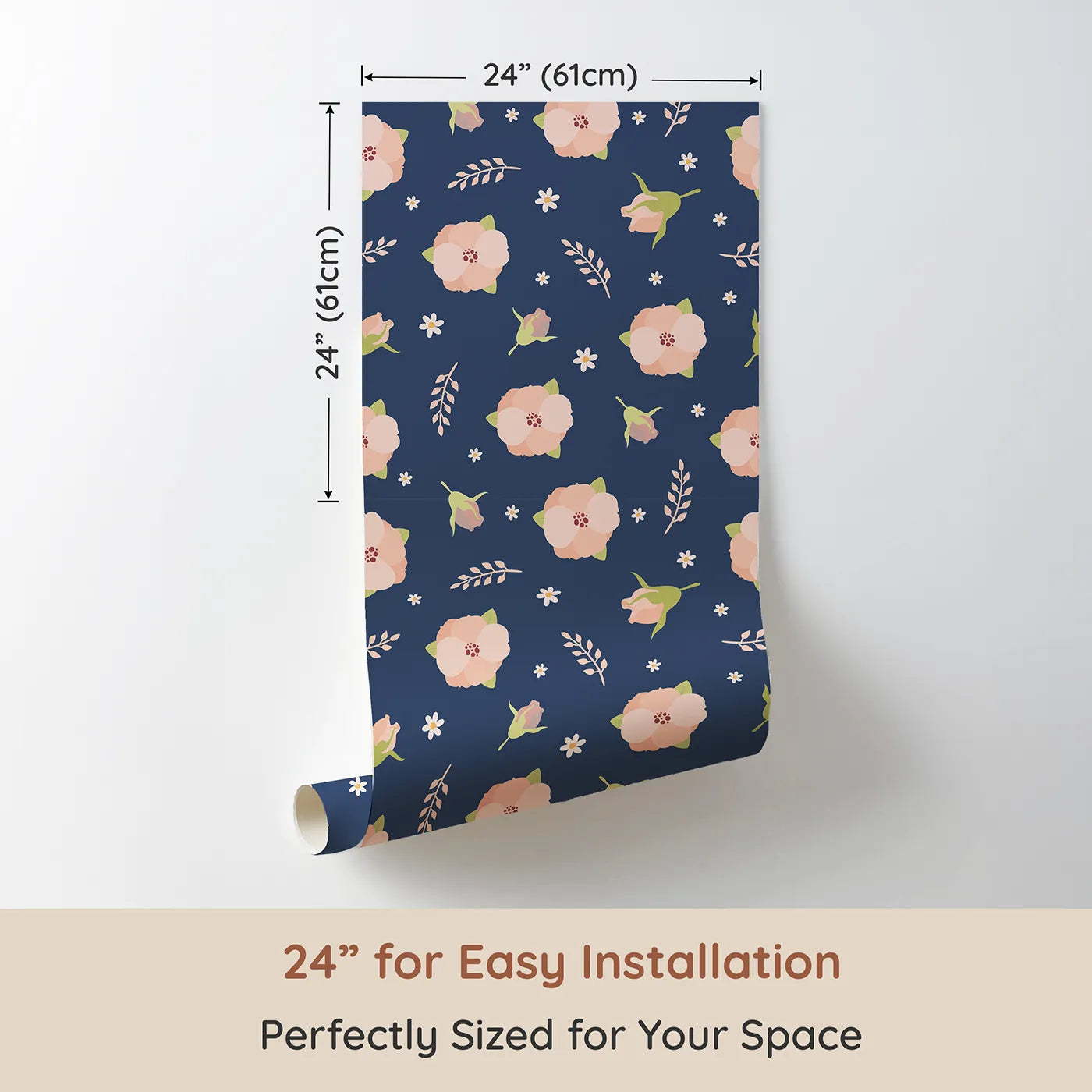 Dimension view of Whimsy Tots Blush Meadow Bloom Wallpaper in Midnight Blue (W3134D). Printed in 24-inch-wide panel for easy installation. Peachy blooms and daisies glow against a deep starry blue.