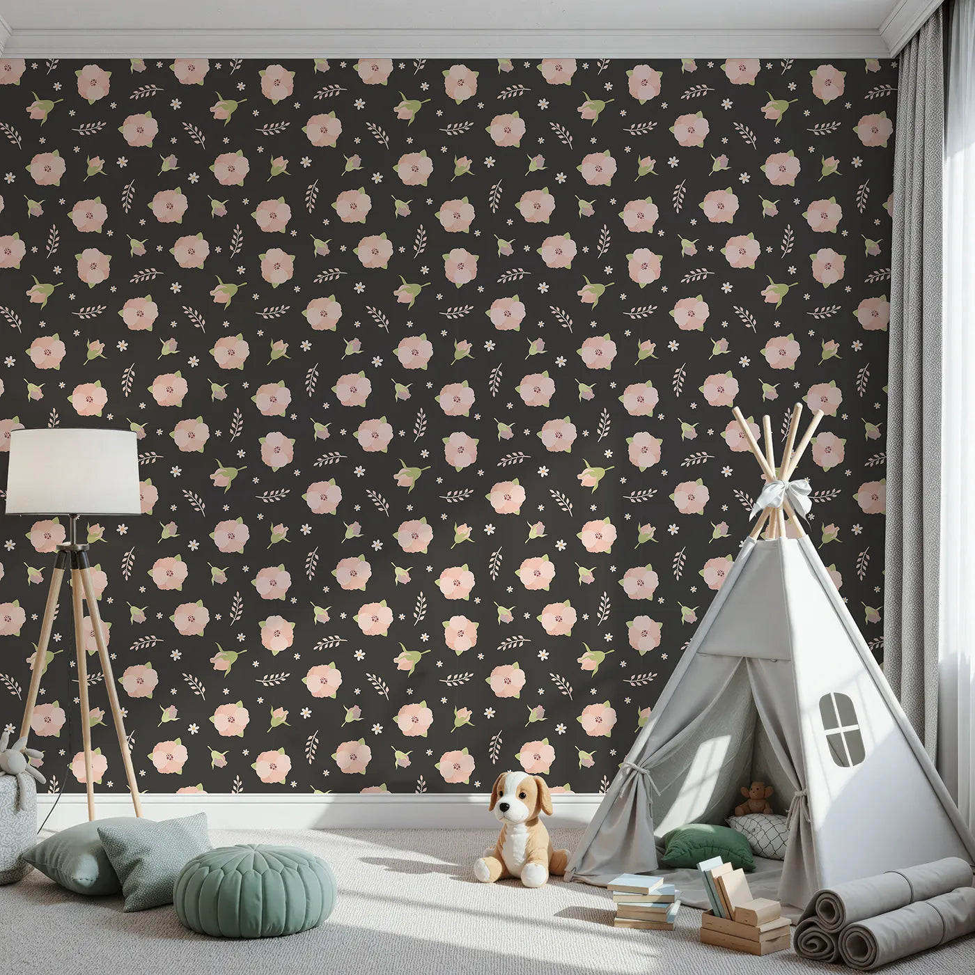 Front view of Whimsy Tots' Blush Meadow Bloom Wallpaper in Midnight Cocoa Brown