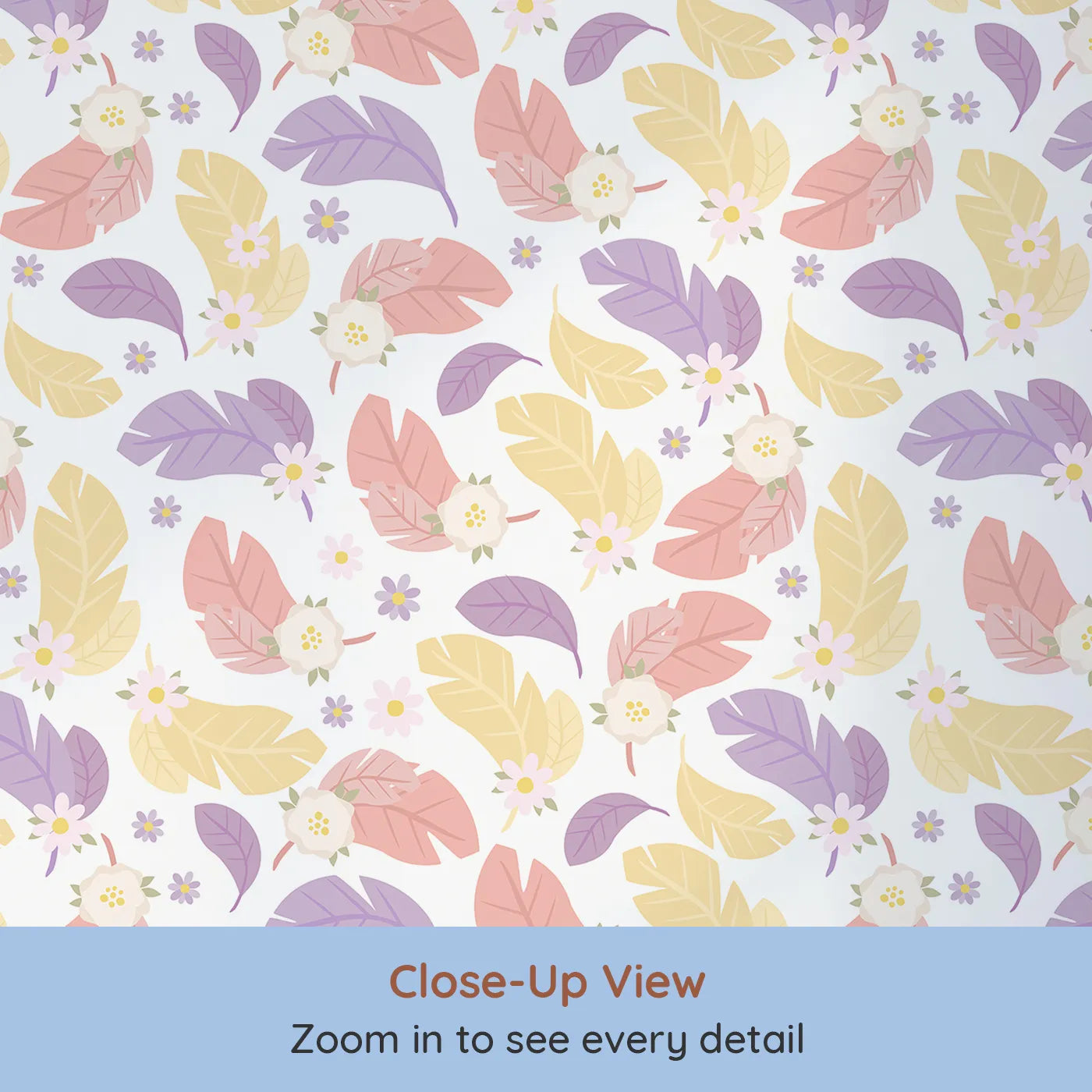 Close-up view of Whimsy Tots' Pastel Feather Garden Wallpaper in Spring Mix (W3135A).Feathers and florals swirl in soft yellow, lilac, and rose tones.