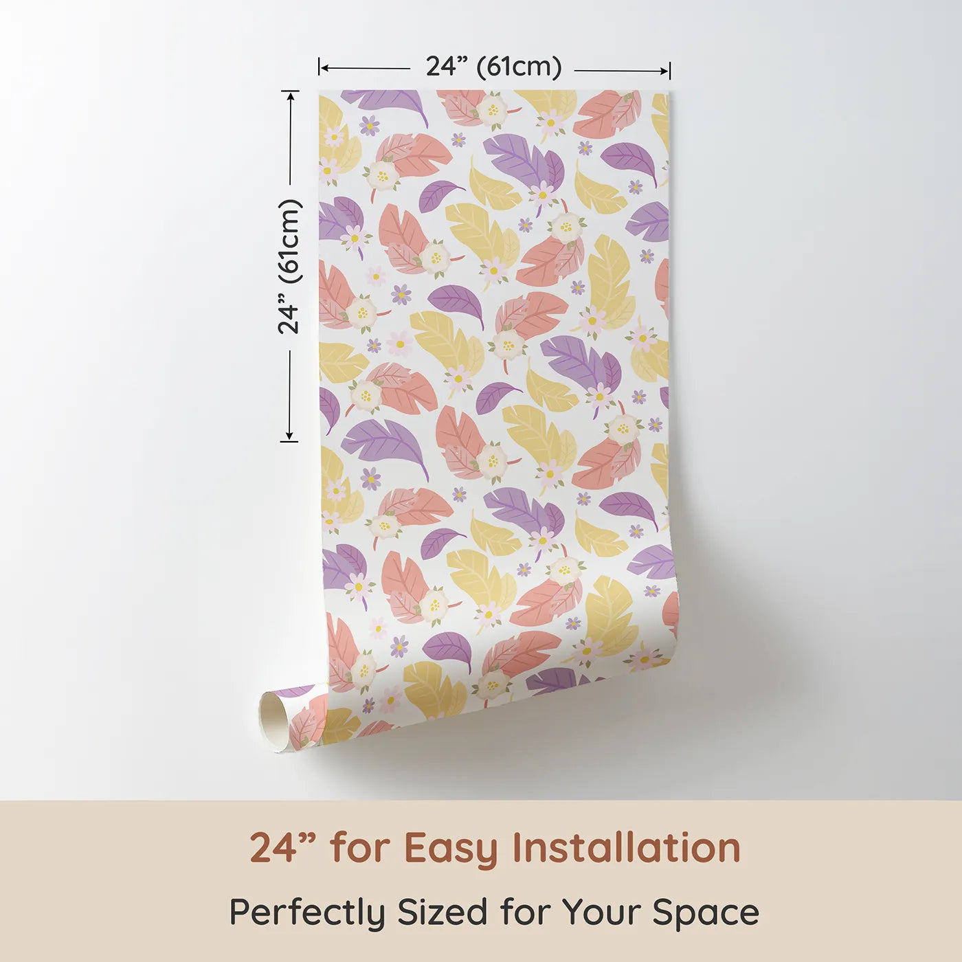 Dimension view of Whimsy Tots Pastel Feather Garden Wallpaper in Spring Mix (W3135A). Printed in 24-inch-wide panel for easy installation. Feathers and florals swirl in soft yellow, lilac, and rose tones.