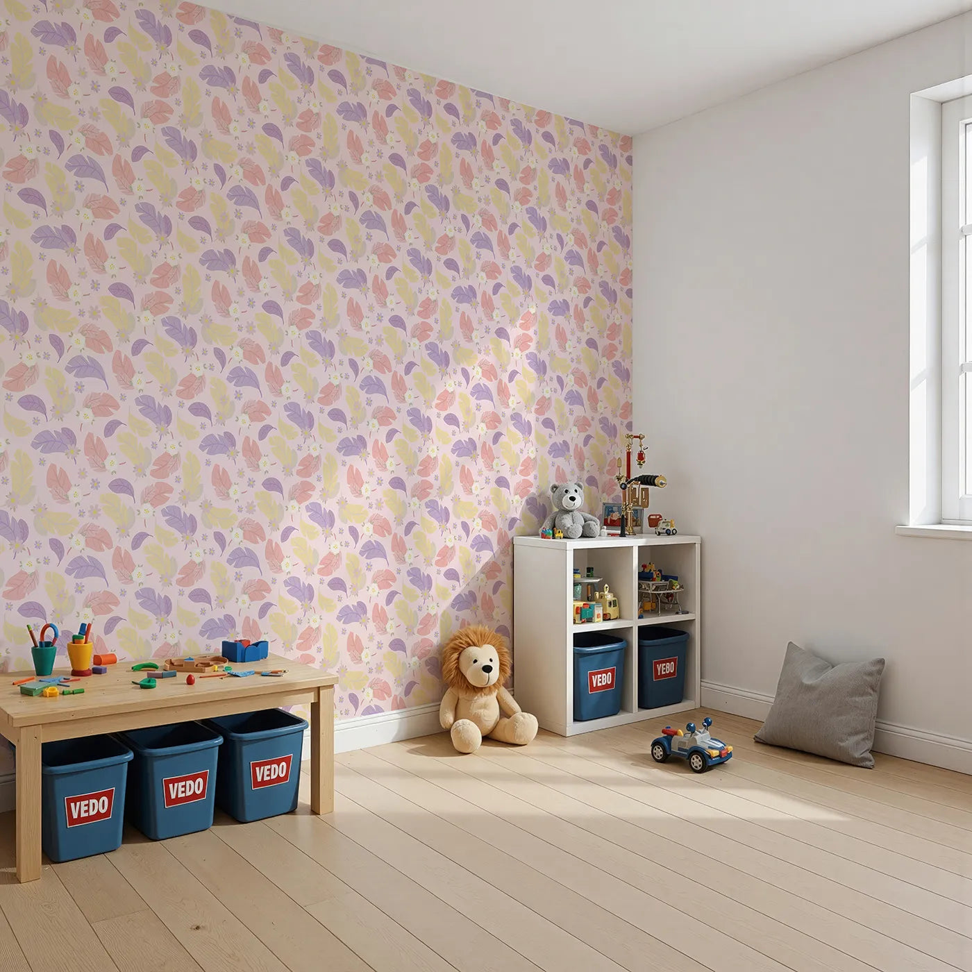 Angled view of Whimsy Tots' Pastel Feather Garden Wallpaper in Blush Petal Pink (W3135B).Pink skies flutter with pastel feathers and gentle blossoms.