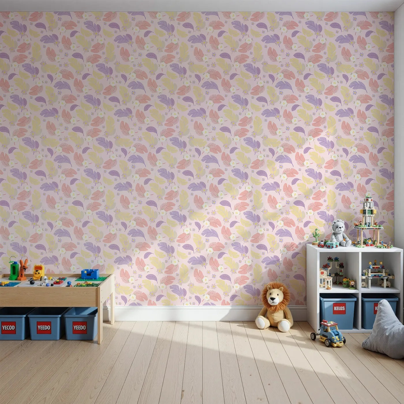 Front view of Whimsy Tots' Pastel Feather Garden Wallpaper in Blush Petal Pink