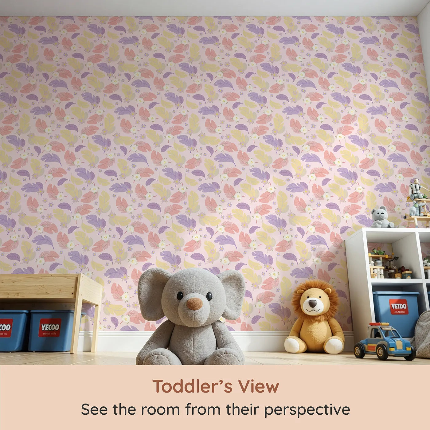 Whimsy Tots Pastel Feather Garden Wallpaper in Blush Petal Pink (W3135B) from your child's view.Pink skies flutter with pastel feathers and gentle blossoms.