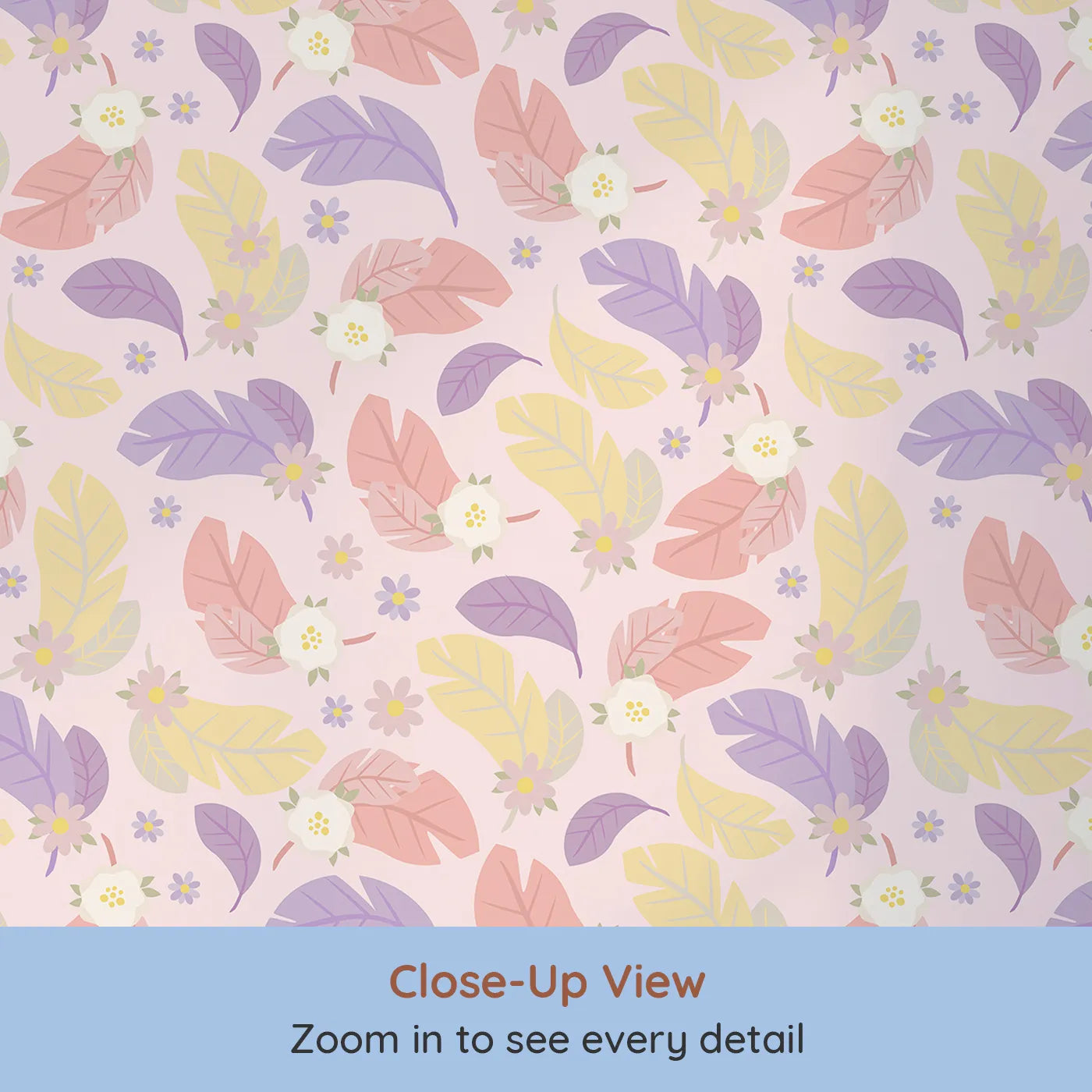 Close-up view of Whimsy Tots' Pastel Feather Garden Wallpaper in Blush Petal Pink (W3135B).Pink skies flutter with pastel feathers and gentle blossoms.