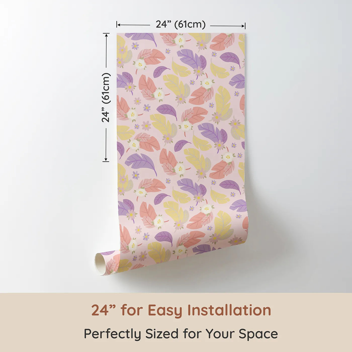 Dimension view of Whimsy Tots Pastel Feather Garden Wallpaper in Blush Petal Pink (W3135B). Printed in 24-inch-wide panel for easy installation. Pink skies flutter with pastel feathers and gentle blossoms.