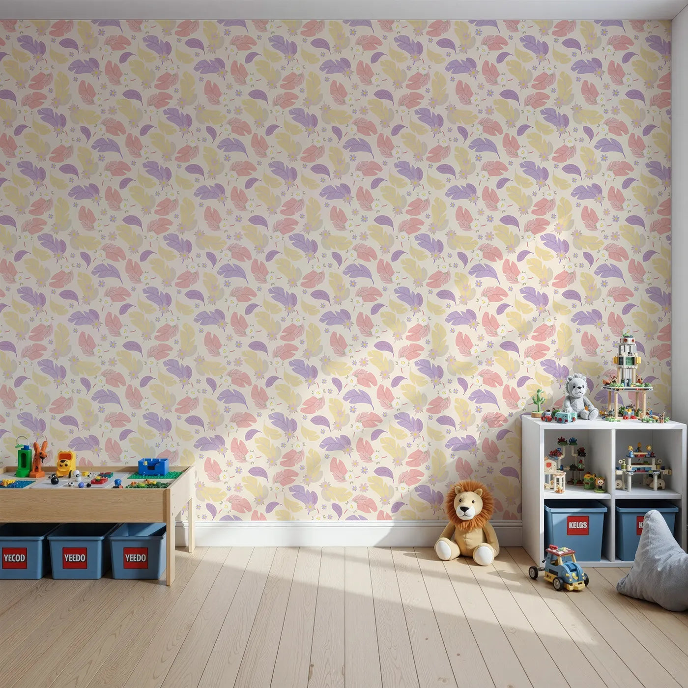 Front view of Whimsy Tots' Pastel Feather Garden Wallpaper in Vanilla Cream