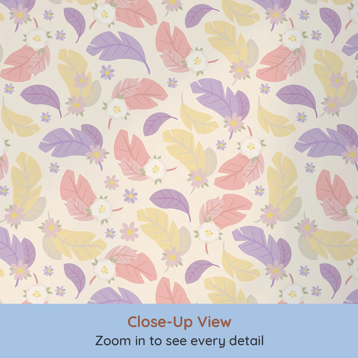 Close-up view of Whimsy Tots' Pastel Feather Garden Wallpaper in Vanilla Cream (W3135C).Feathers and florals drift gently over a warm vanilla base.