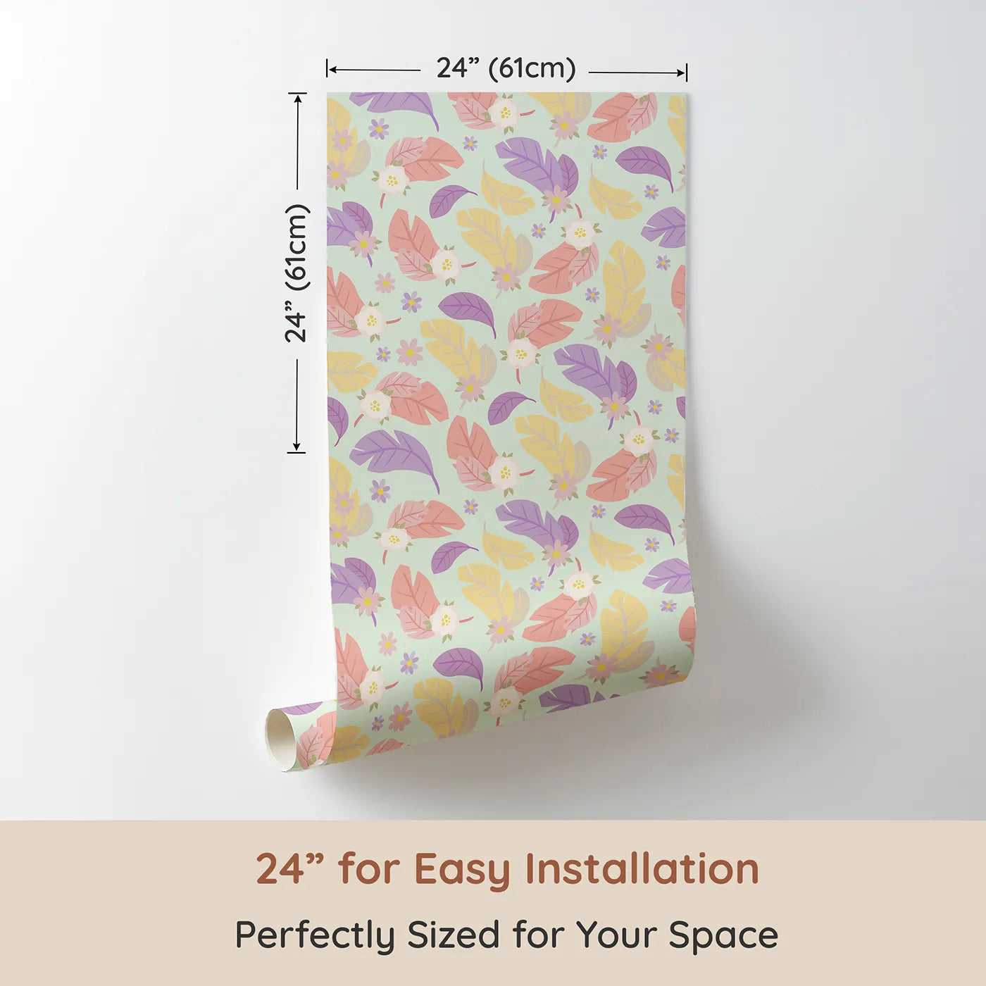 Dimension view of Whimsy Tots Pastel Feather Garden Wallpaper in Mint Whisper Green (W3135D). Printed in 24-inch-wide panel for easy installation. Feathers and florals swirl softly through a pastel mint sky.