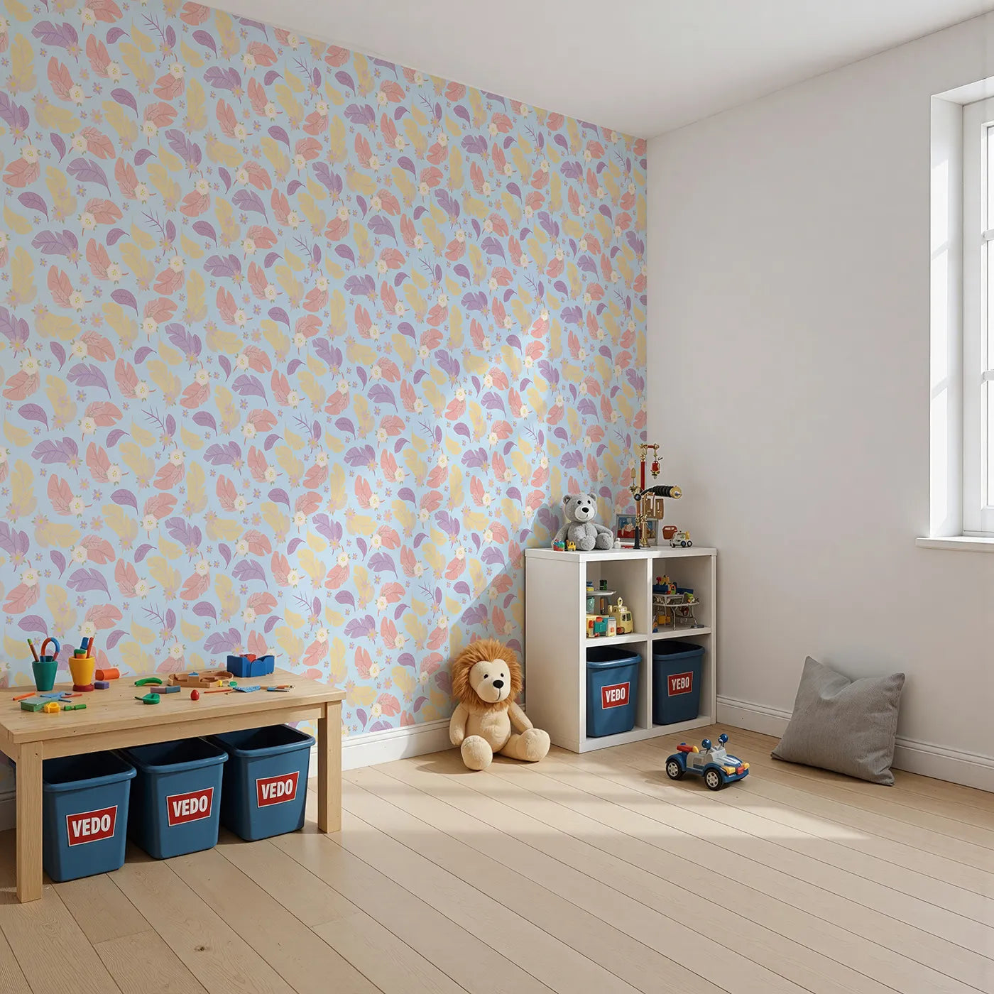 Angled view of Whimsy Tots' Pastel Feather Garden Wallpaper in Blue Skies (W3135E).Floating florals and rainbow leaves bloom on a soft blue breeze.