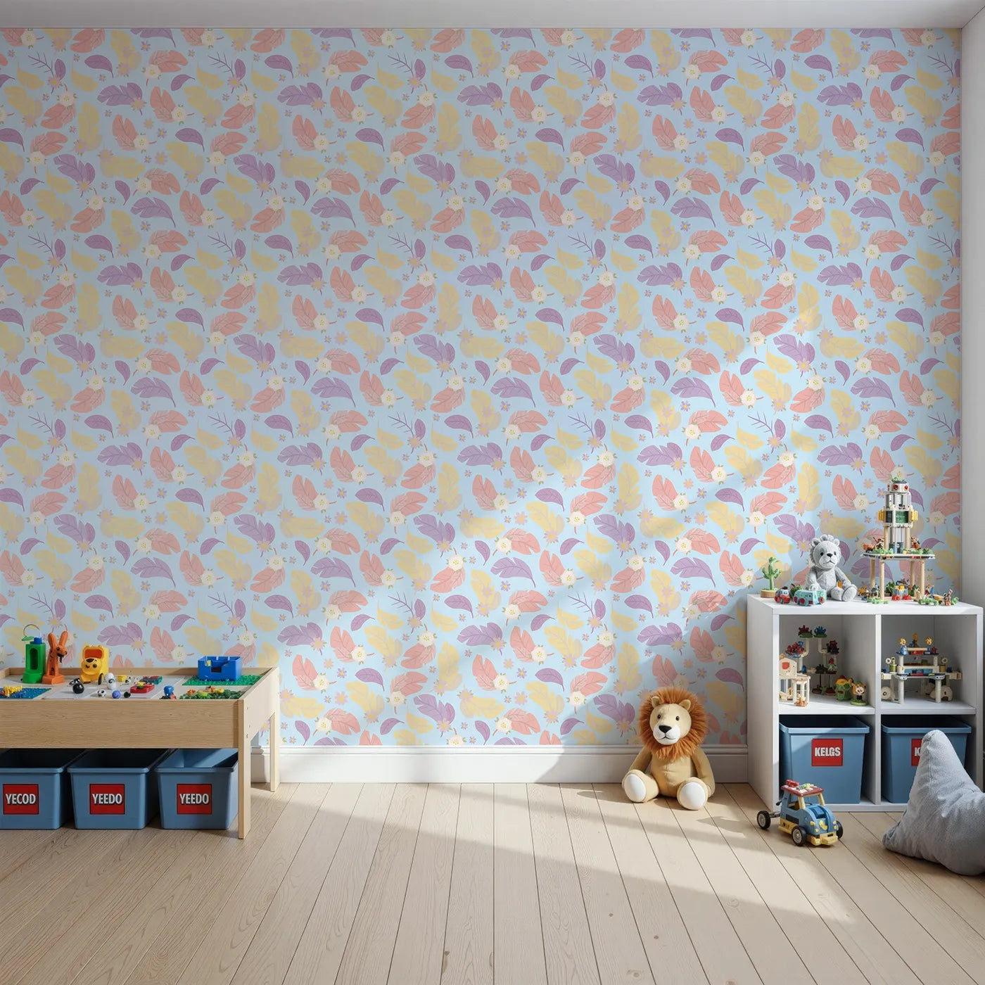 Front view of Whimsy Tots' Pastel Feather Garden Wallpaper in Blue Skies