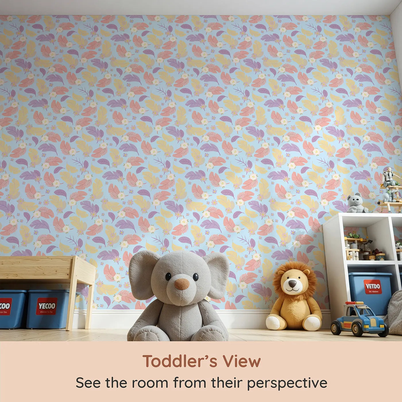Whimsy Tots Pastel Feather Garden Wallpaper in Blue Skies (W3135E) from your child's view.Floating florals and rainbow leaves bloom on a soft blue breeze.