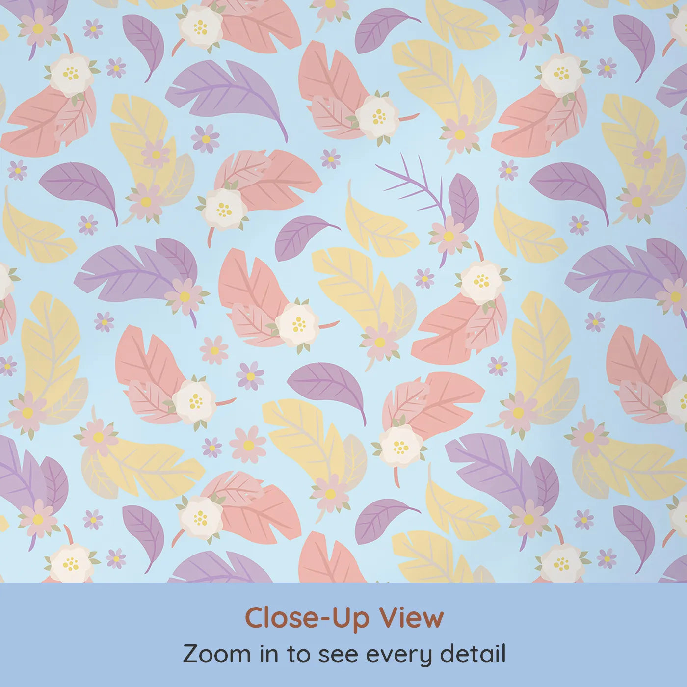 Close-up view of Whimsy Tots' Pastel Feather Garden Wallpaper in Blue Skies (W3135E).Floating florals and rainbow leaves bloom on a soft blue breeze.