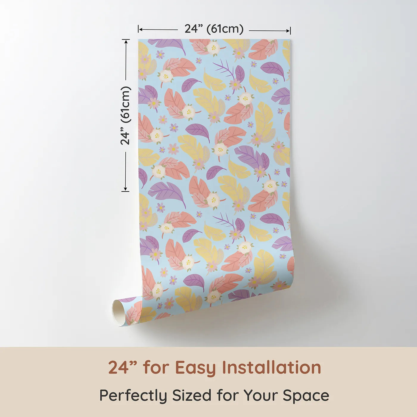 Dimension view of Whimsy Tots Pastel Feather Garden Wallpaper in Blue Skies (W3135E). Printed in 24-inch-wide panel for easy installation. Floating florals and rainbow leaves bloom on a soft blue breeze.