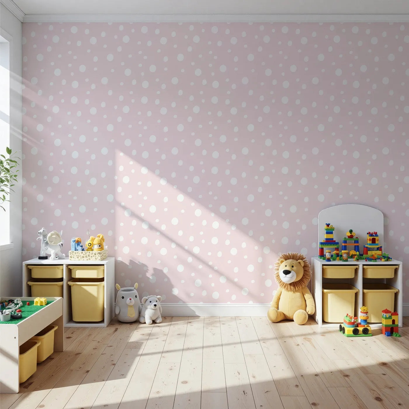 Front view of Whimsy Tots' Gentle Pebble Dots Wallpaper in Blush Cream