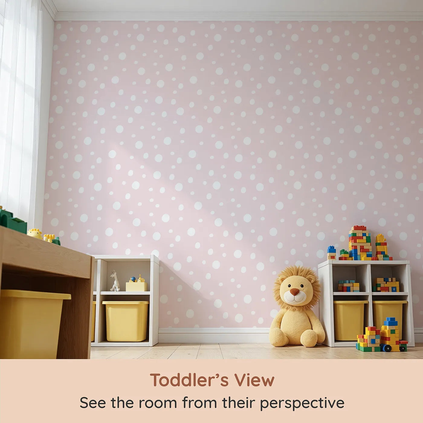 Whimsy Tots Gentle Pebble Dots Wallpaper in Blush Cream (W3136A) from your child's view.White pebbled dots dance across a warm blush-pink sky.