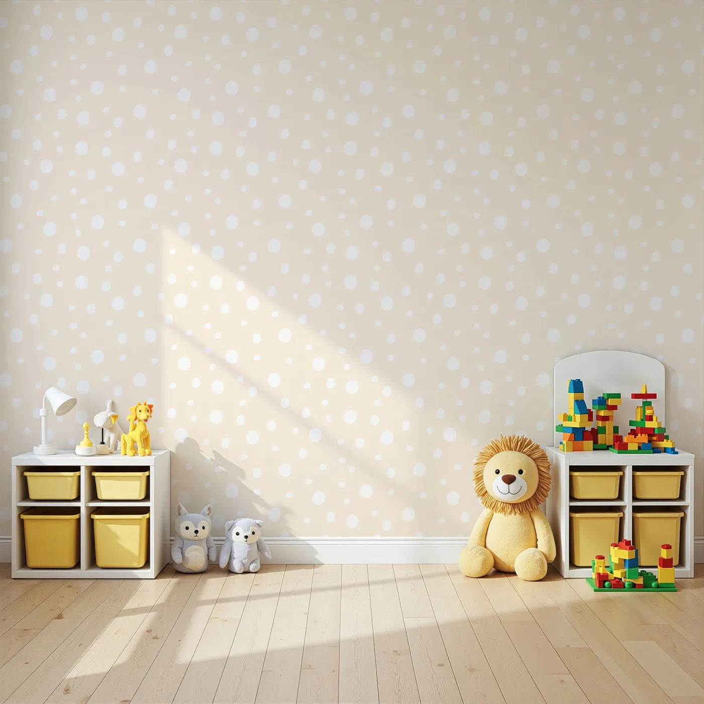 Angled view of Whimsy Tots' Gentle Pebble Dots Wallpaper in Butter Beige (W3136B).Soft white dots scatter like pebbles on a buttery beige field.