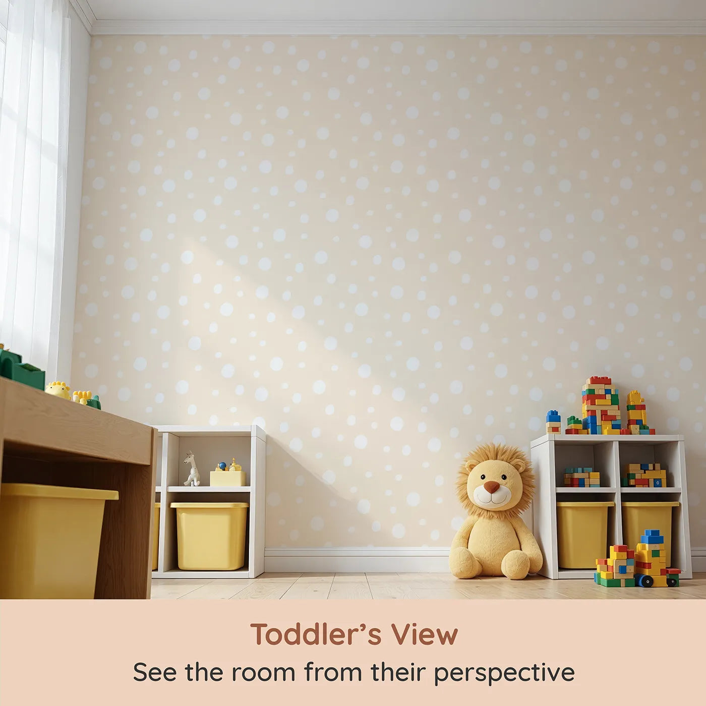 Whimsy Tots Gentle Pebble Dots Wallpaper in Butter Beige (W3136B) from your child's view.Soft white dots scatter like pebbles on a buttery beige field.