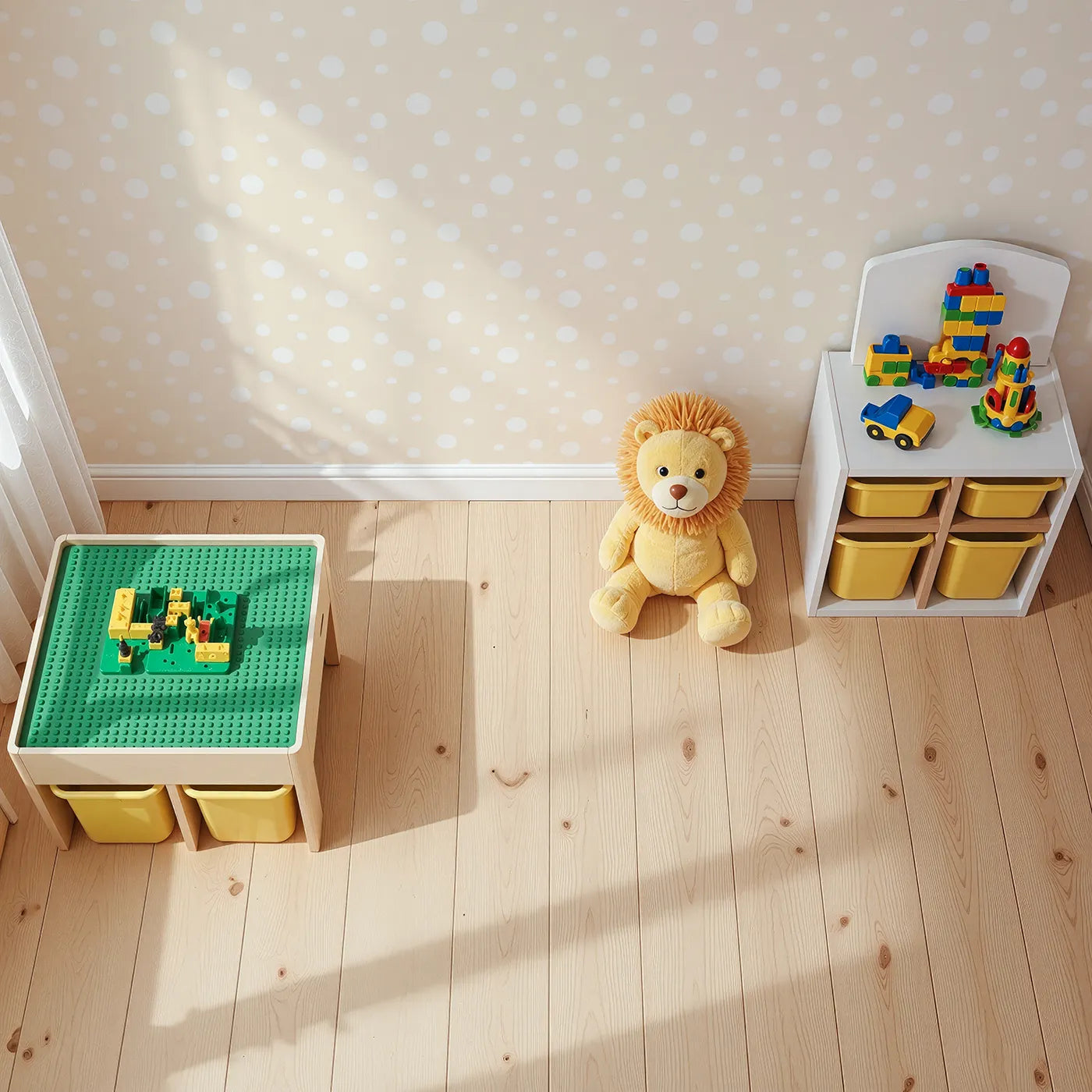 Top-Down view of Whimsy Tots' Gentle Pebble Dots Wallpaper in Butter Beige (W3136B).Soft white dots scatter like pebbles on a buttery beige field.