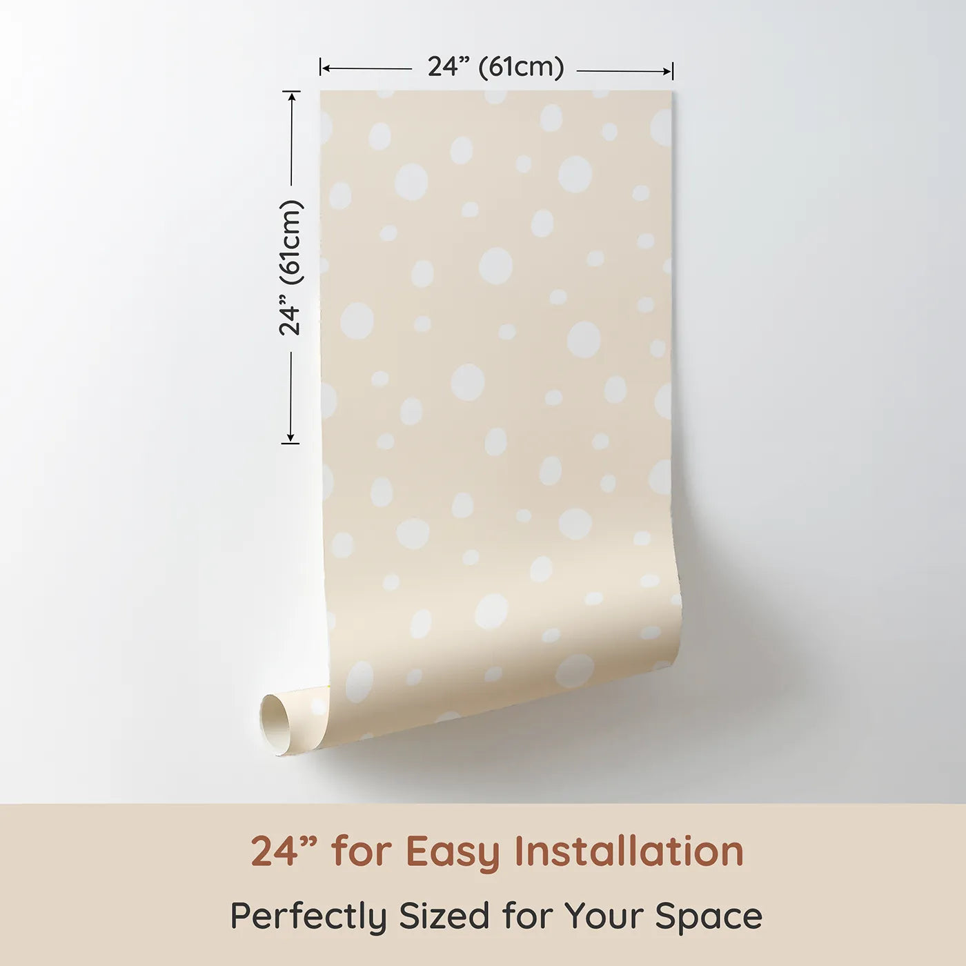 Dimension view of Whimsy Tots Gentle Pebble Dots Wallpaper in Butter Beige (W3136B). Printed in 24-inch-wide panel for easy installation. Soft white dots scatter like pebbles on a buttery beige field.