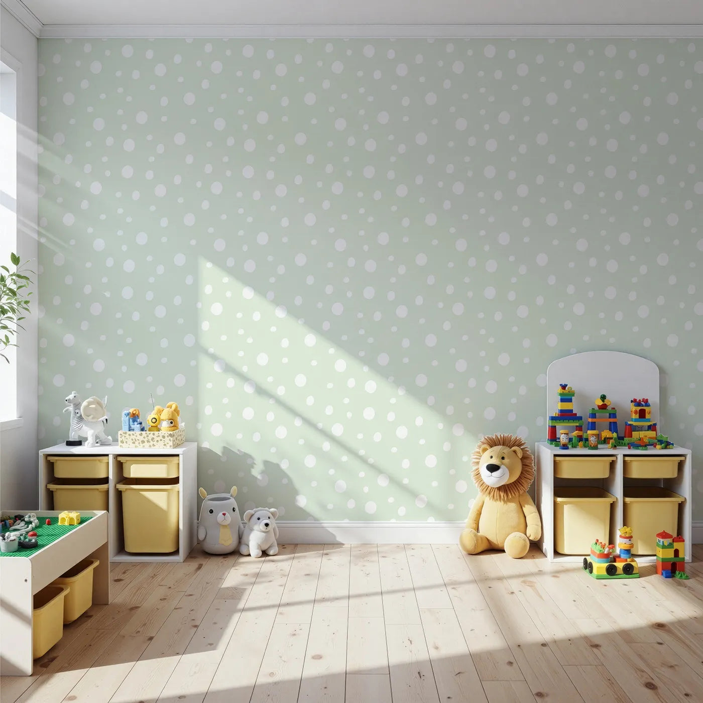 Front view of Whimsy Tots' Gentle Pebble Dots Wallpaper in Mint Cream