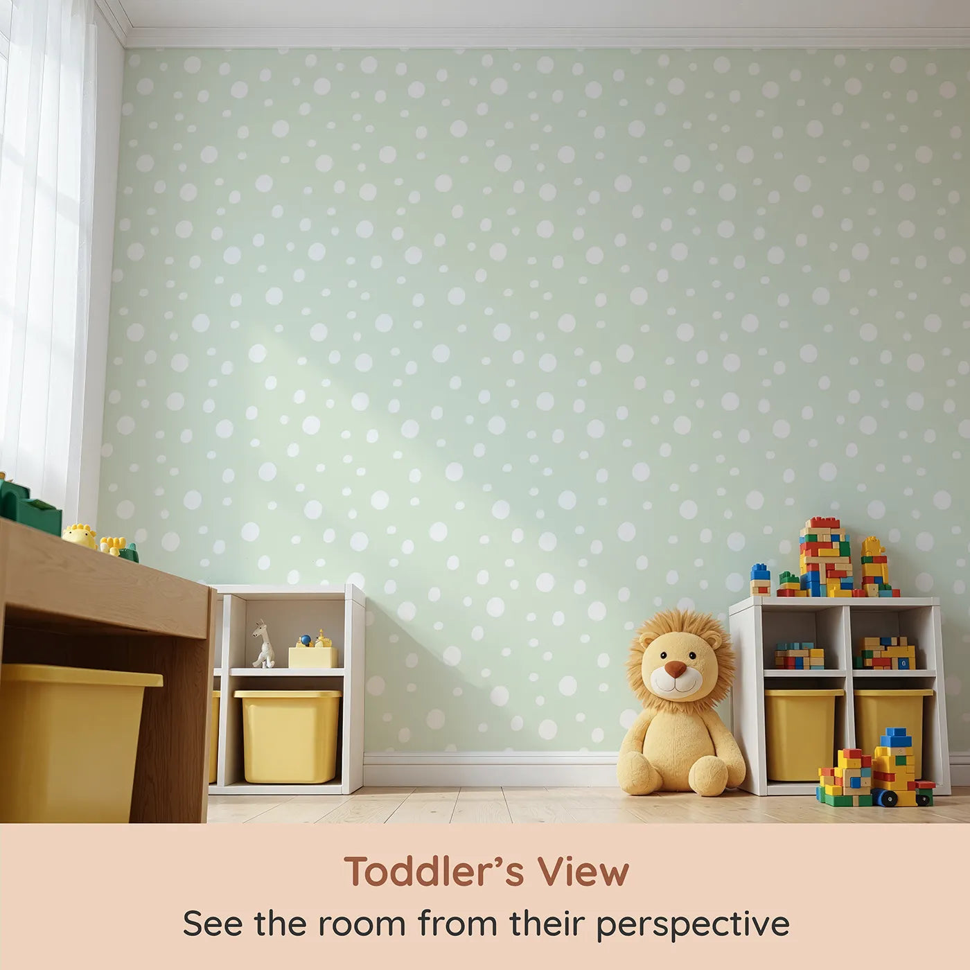 Whimsy Tots Gentle Pebble Dots Wallpaper in Mint Cream (W3136C) from your child's view.Soft white pebbles dance across a gentle mint field.