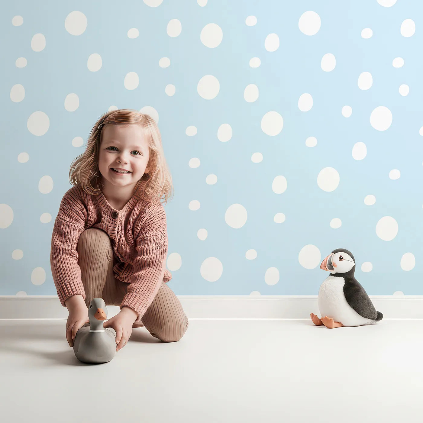 Lovely child standing in front of Whimsy Tots Gentle Pebble Dots Wallpaper in Sky Blue with dot, spot, pebble, blue in design.