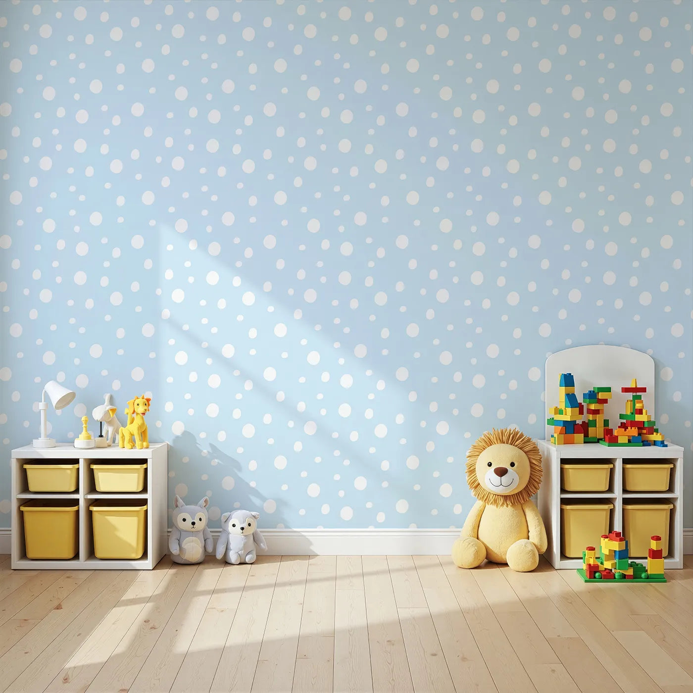 Angled view of Whimsy Tots' Gentle Pebble Dots Wallpaper in Sky Blue (W3136D).Soft pebbly dots scatter across a clear baby blue sky.