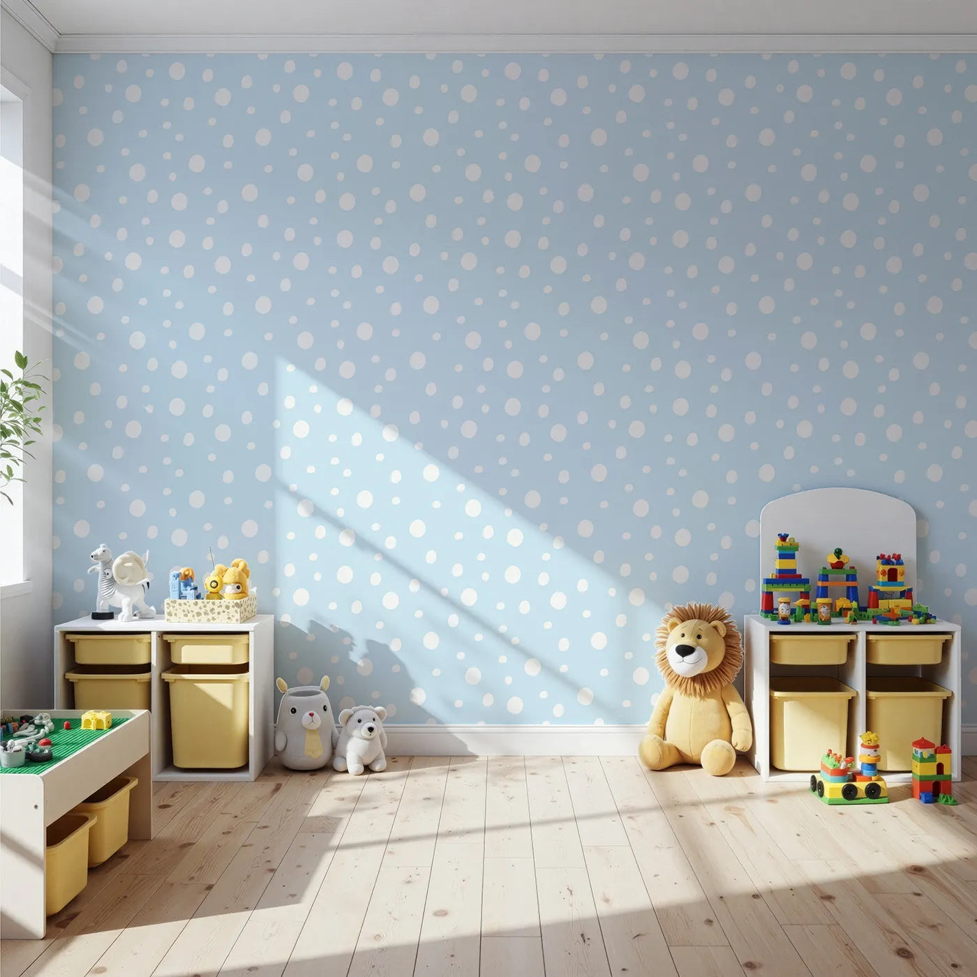 Front view of Whimsy Tots' Gentle Pebble Dots Wallpaper in Sky Blue
