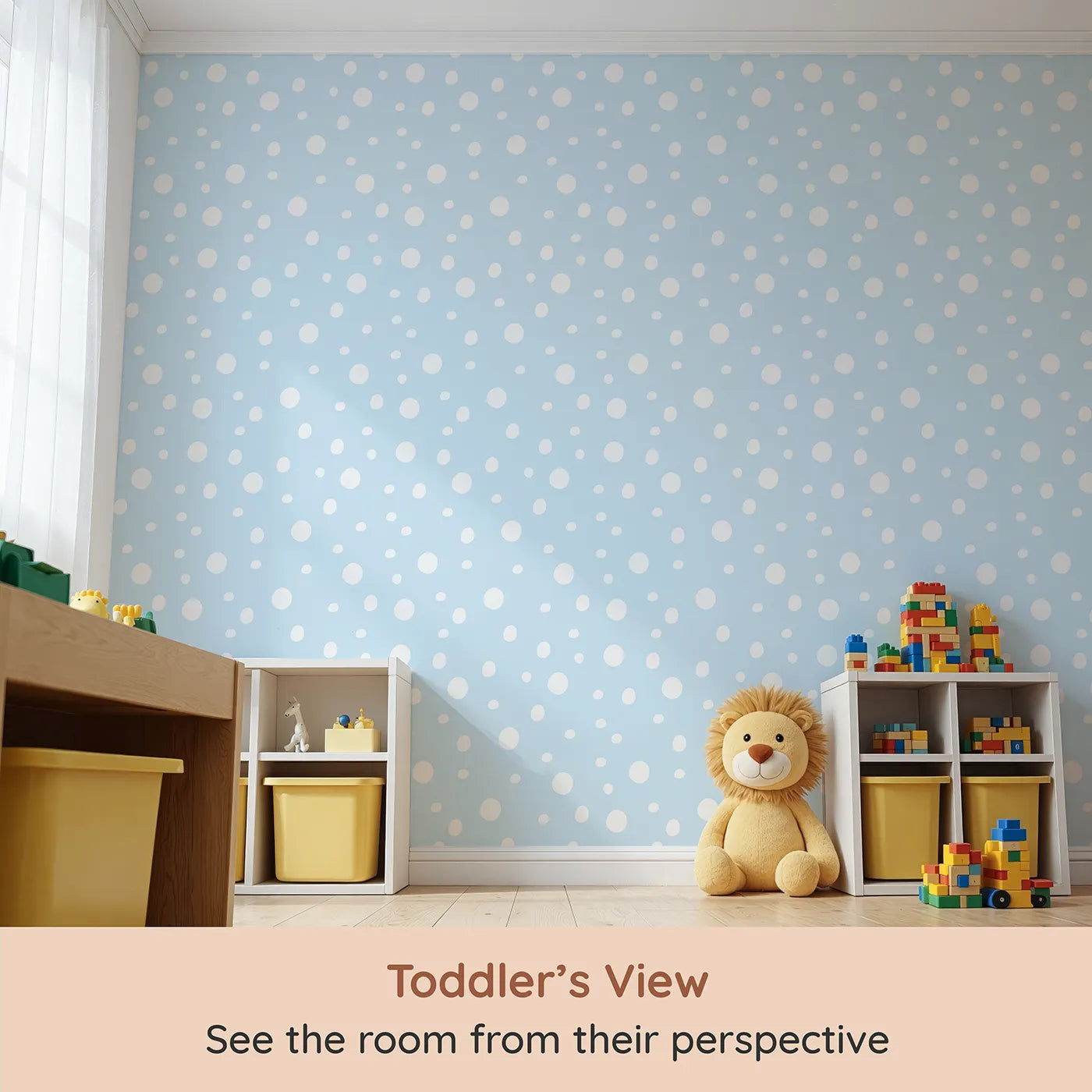 Whimsy Tots Gentle Pebble Dots Wallpaper in Sky Blue (W3136D) from your child's view.Soft pebbly dots scatter across a clear baby blue sky.