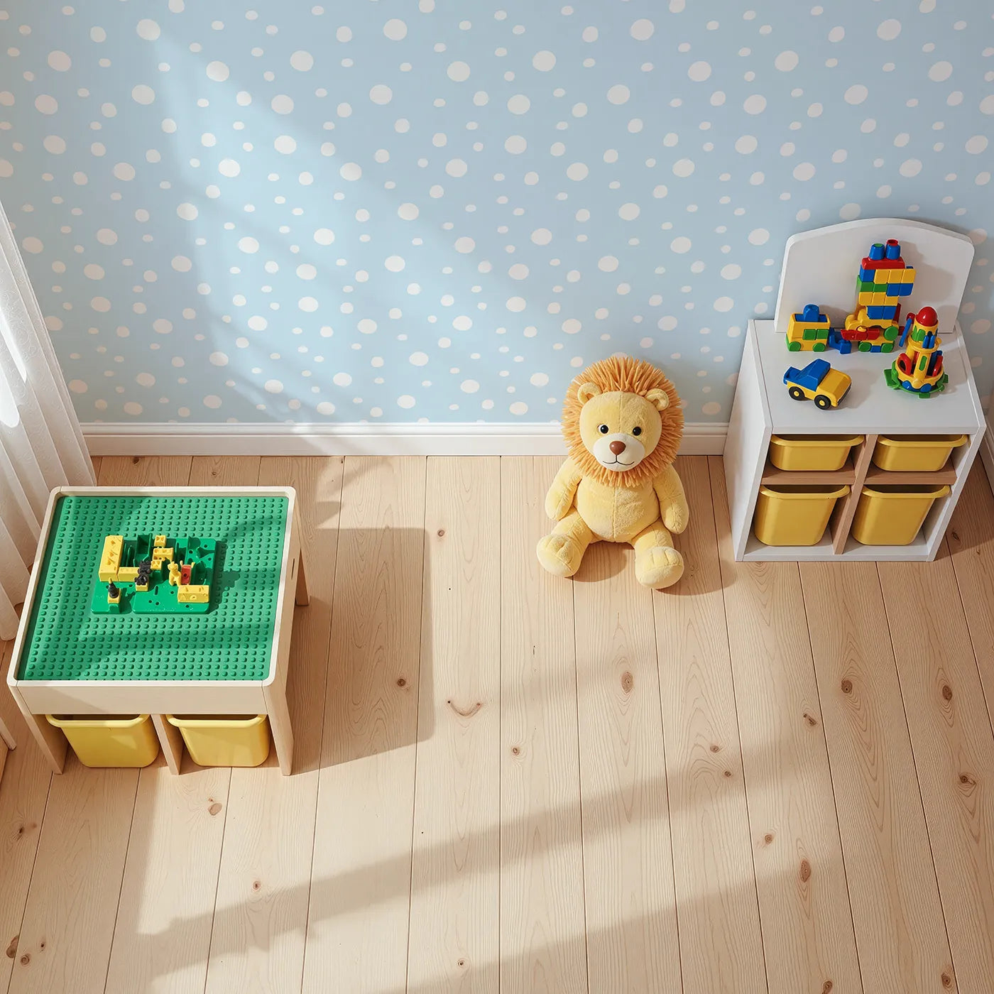 Top-Down view of Whimsy Tots' Gentle Pebble Dots Wallpaper in Sky Blue (W3136D).Soft pebbly dots scatter across a clear baby blue sky.