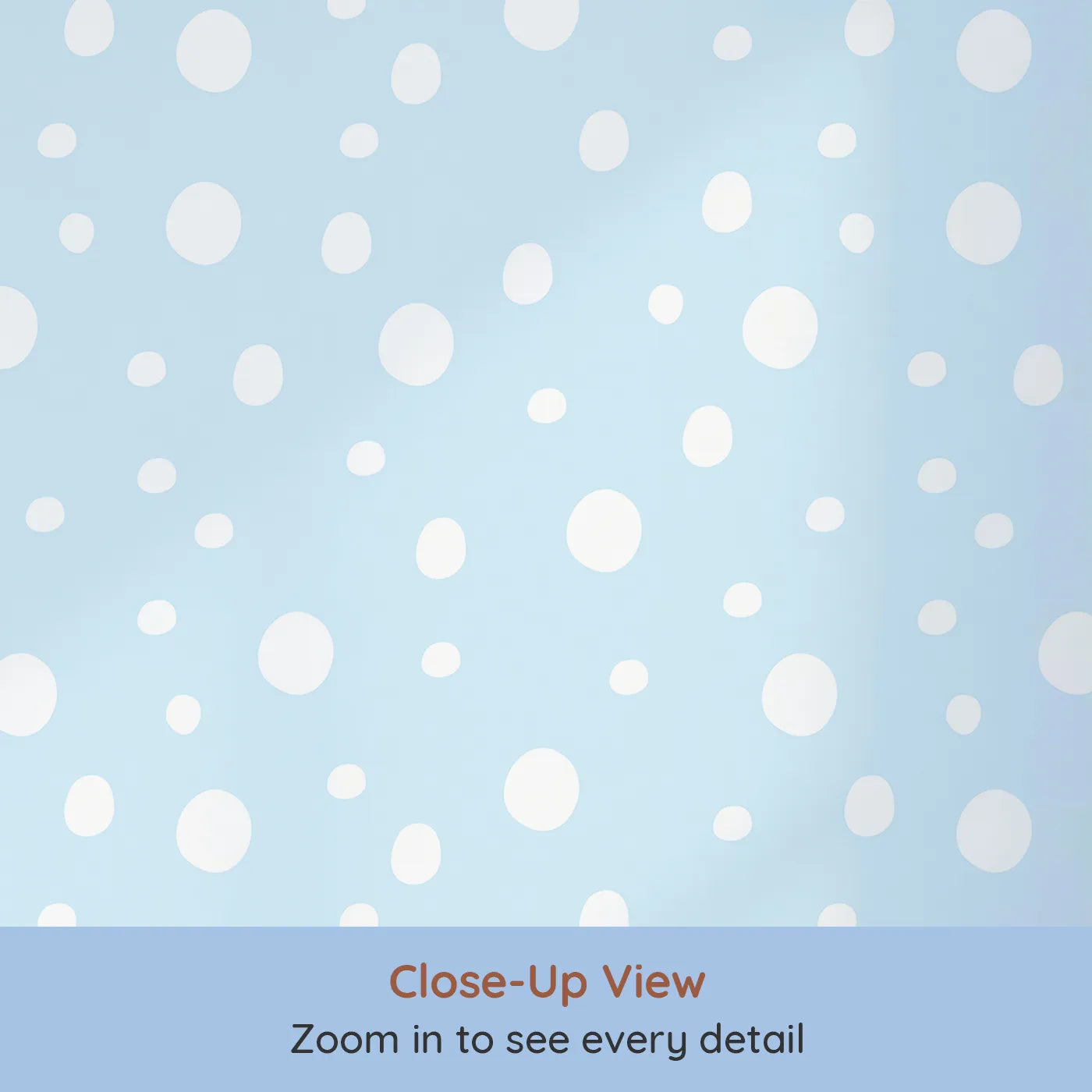 Close-up view of Whimsy Tots' Gentle Pebble Dots Wallpaper in Sky Blue (W3136D).Soft pebbly dots scatter across a clear baby blue sky.