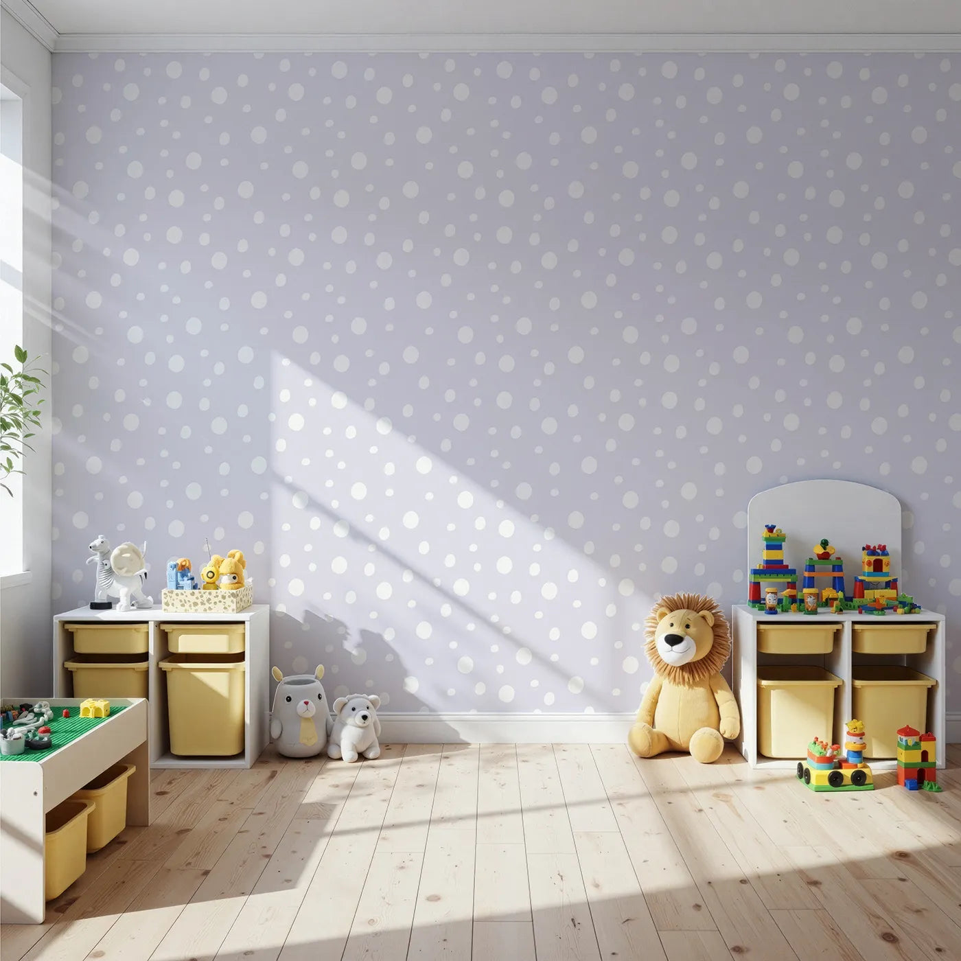 Front view of Whimsy Tots' Gentle Pebble Dots Wallpaper in Lavender Haze