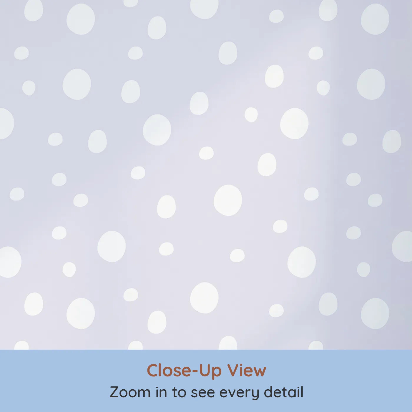 Close-up view of Whimsy Tots' Gentle Pebble Dots Wallpaper in Lavender Haze (W3136E).Floating pebbles drift gently across a misty lavender sky.