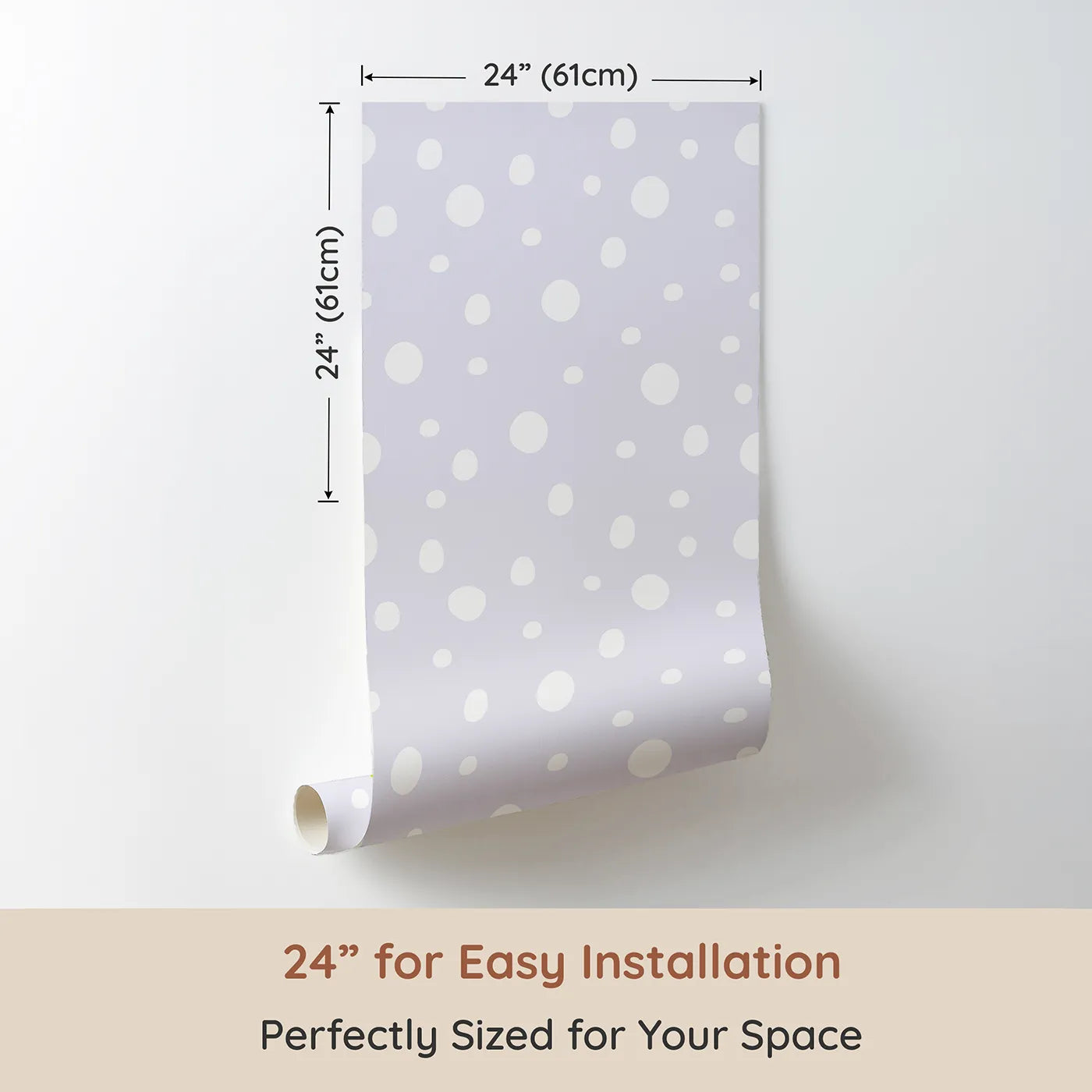 Dimension view of Whimsy Tots Gentle Pebble Dots Wallpaper in Lavender Haze (W3136E). Printed in 24-inch-wide panel for easy installation. Floating pebbles drift gently across a misty lavender sky.