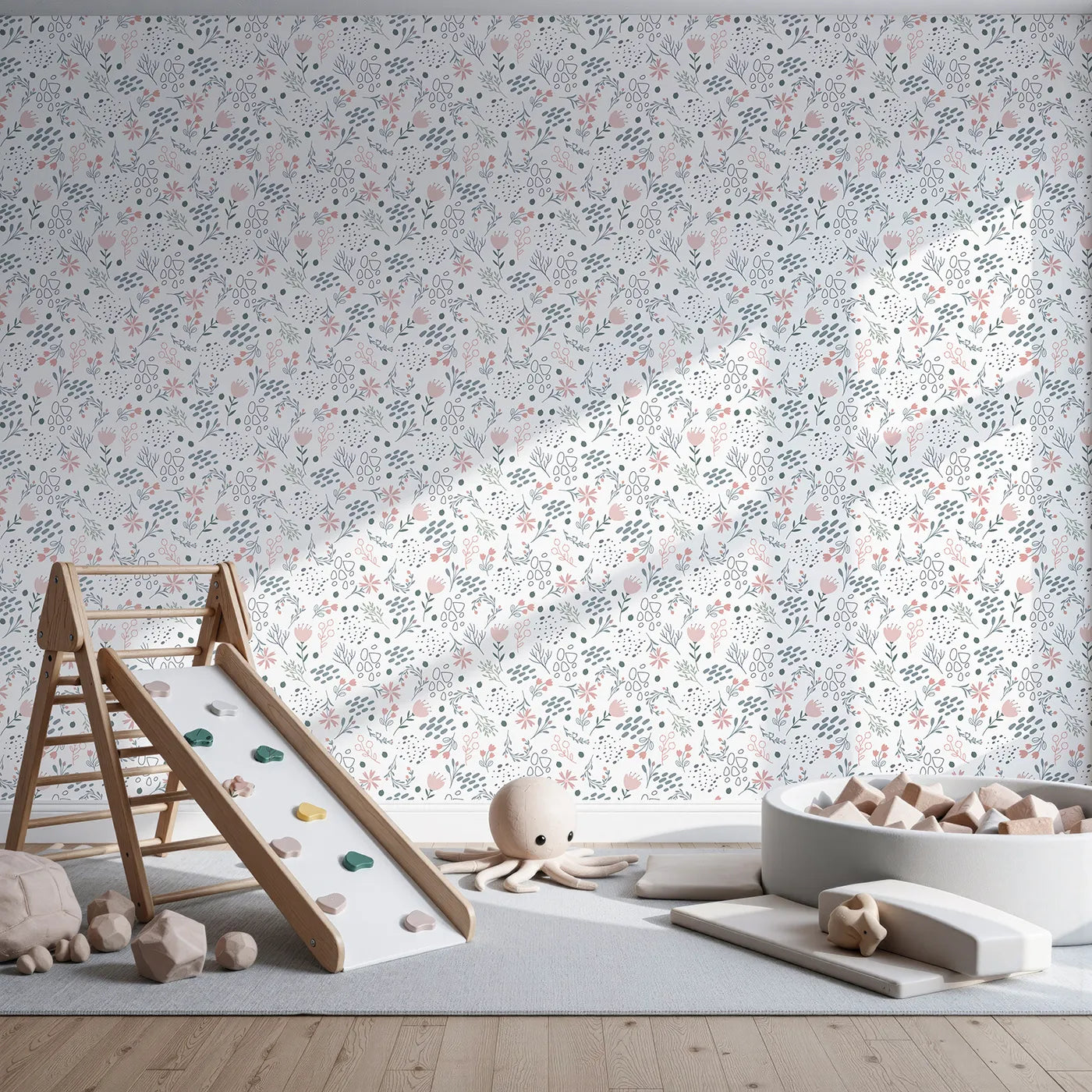Front view of Whimsy Tots' Wildflower Scribble Garden Wallpaper in Soft Sketch