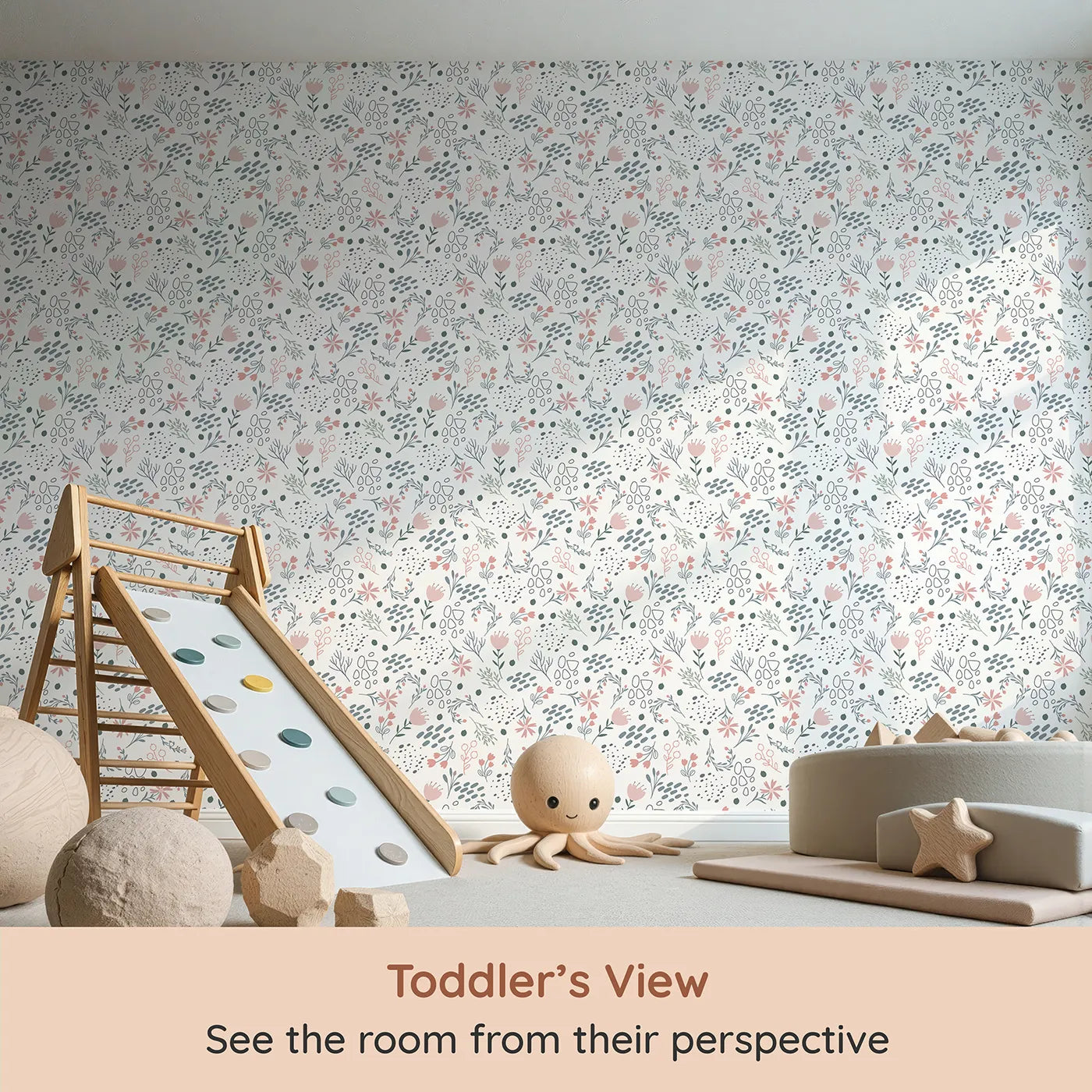 Whimsy Tots Wildflower Scribble Garden Wallpaper in Soft Sketch (W3137A) from your child's view.Doodles and petals dance through a delicate garden of whimsy.