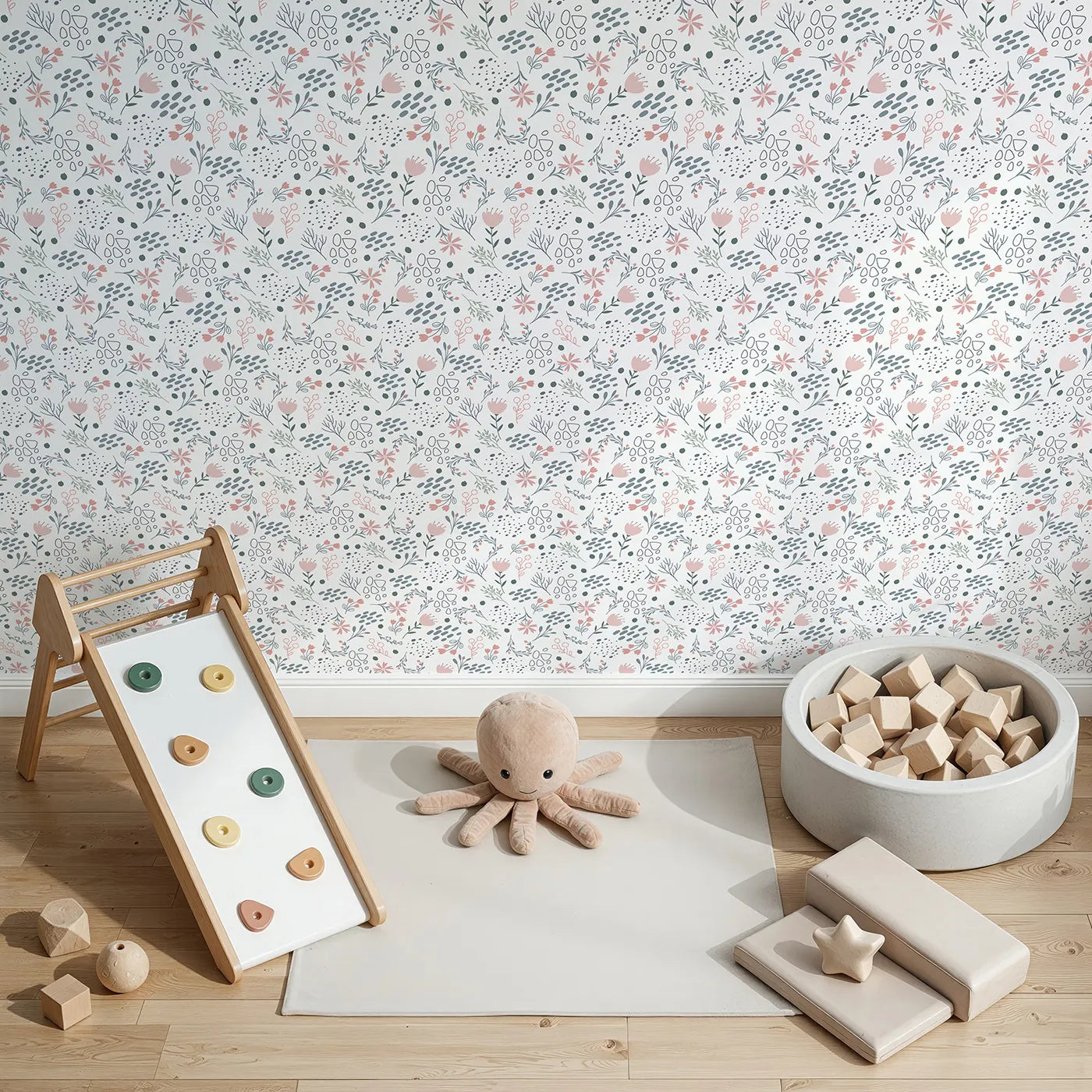 Top-Down view of Whimsy Tots' Wildflower Scribble Garden Wallpaper in Soft Sketch (W3137A).Doodles and petals dance through a delicate garden of whimsy.