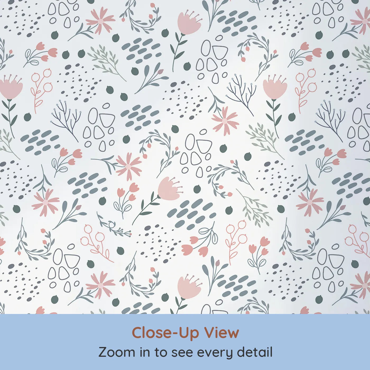 Close-up view of Whimsy Tots' Wildflower Scribble Garden Wallpaper in Soft Sketch (W3137A).Doodles and petals dance through a delicate garden of whimsy.