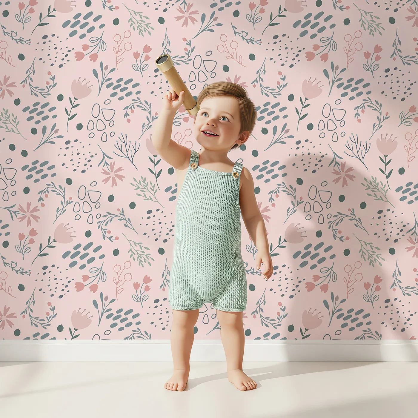 Lovely child standing in front of Whimsy Tots Wildflower Scribble Garden Wallpaper in Blush Sketch Pink with flower, leaf, berry, sketch, doodle in design.