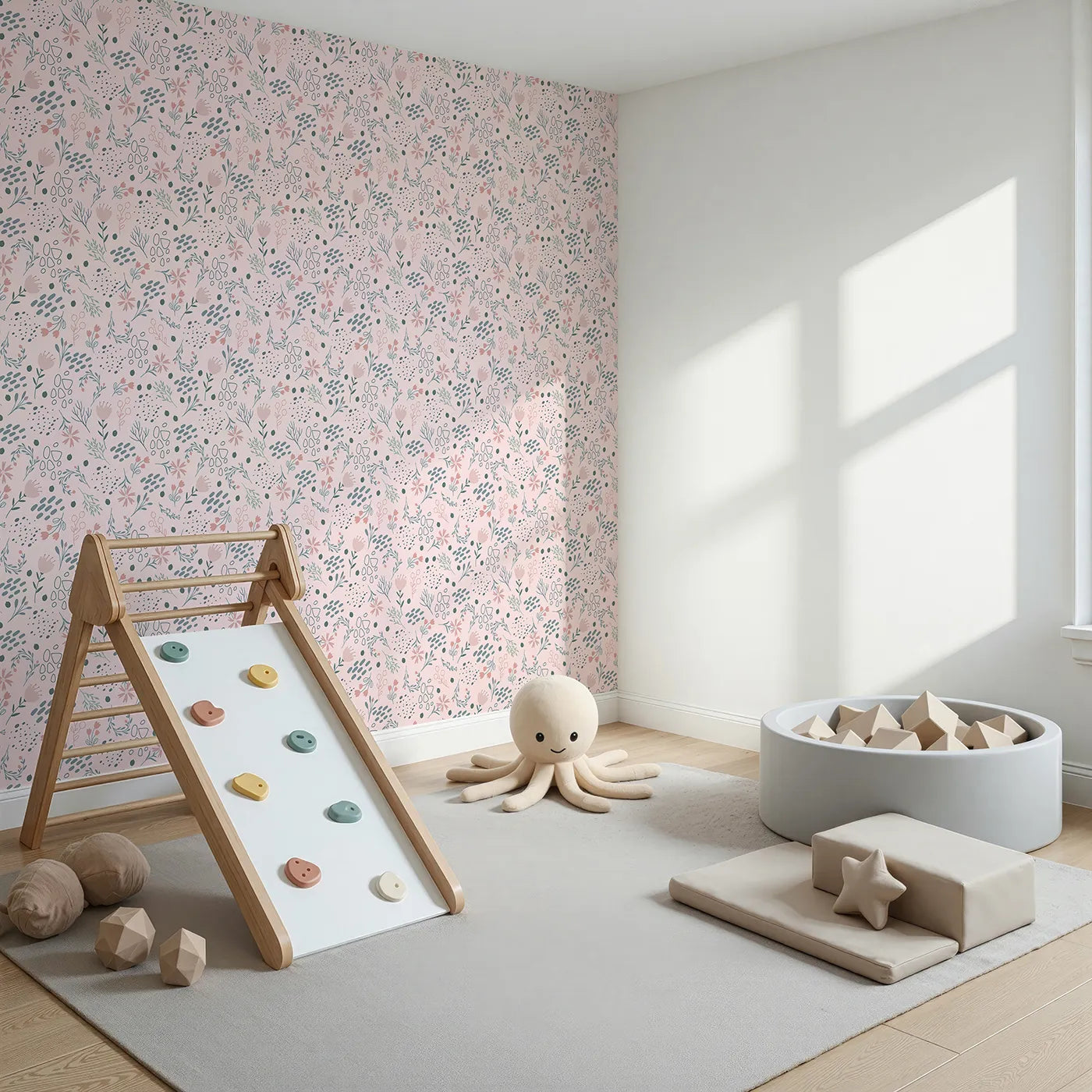 Angled view of Whimsy Tots' Wildflower Scribble Garden Wallpaper in Blush Sketch Pink (W3137B).Doodles and petals swirl across a dreamy blush meadow.